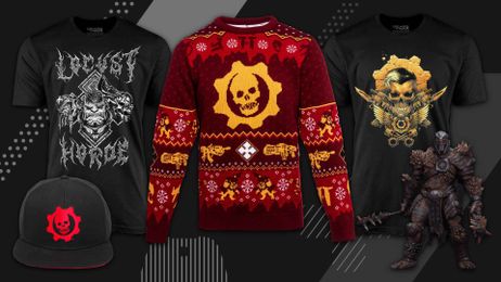 A collection of Gears related items, including some tshirts, hat, sweater, and action figures