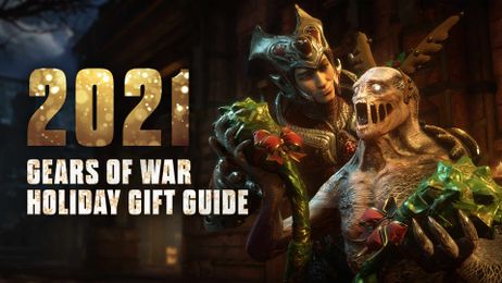 Myrrah holding a wrapped grenade and presenting it to a juvie. 2021 Gears of War Holiday Gift Guide
